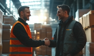 Zwei Mitarbeiter geben sich zwischen gestapelten Kartons im Lager die Hand.