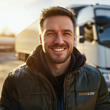Lächelnder TEAMLOG Mitarbeiter steht vor einem Lastwagen auf dem Betriebshof.