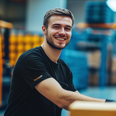 Lächelnder TEAMLOG Mitarbeiter arbeitet zwischen Waren und Ladungsträgern im Lager.