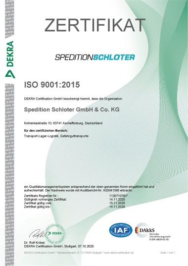 DEKRA Zertifikat für das Qualitätsmanagementsystem von TEAMLOG nach ISO 9001:2015.
