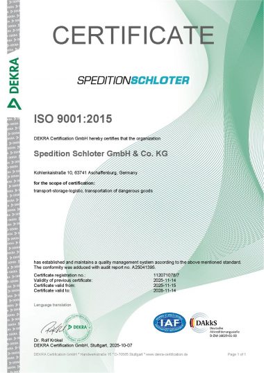 Englisches DEKRA Zertifikat für Spedition Schloter nach ISO 9001:2015.