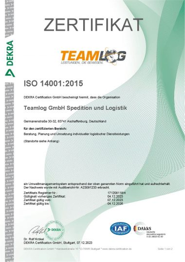 DEKRA Zertifikat für das Umweltmanagementsystem von TEAMLOG nach ISO 14001:2015.