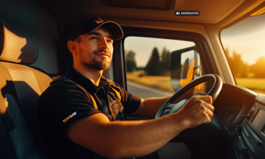 KI generierter TEAMLOG Fahrer sitzt bei tief stehender Sonne am Steuer eines Fahrzeugs.