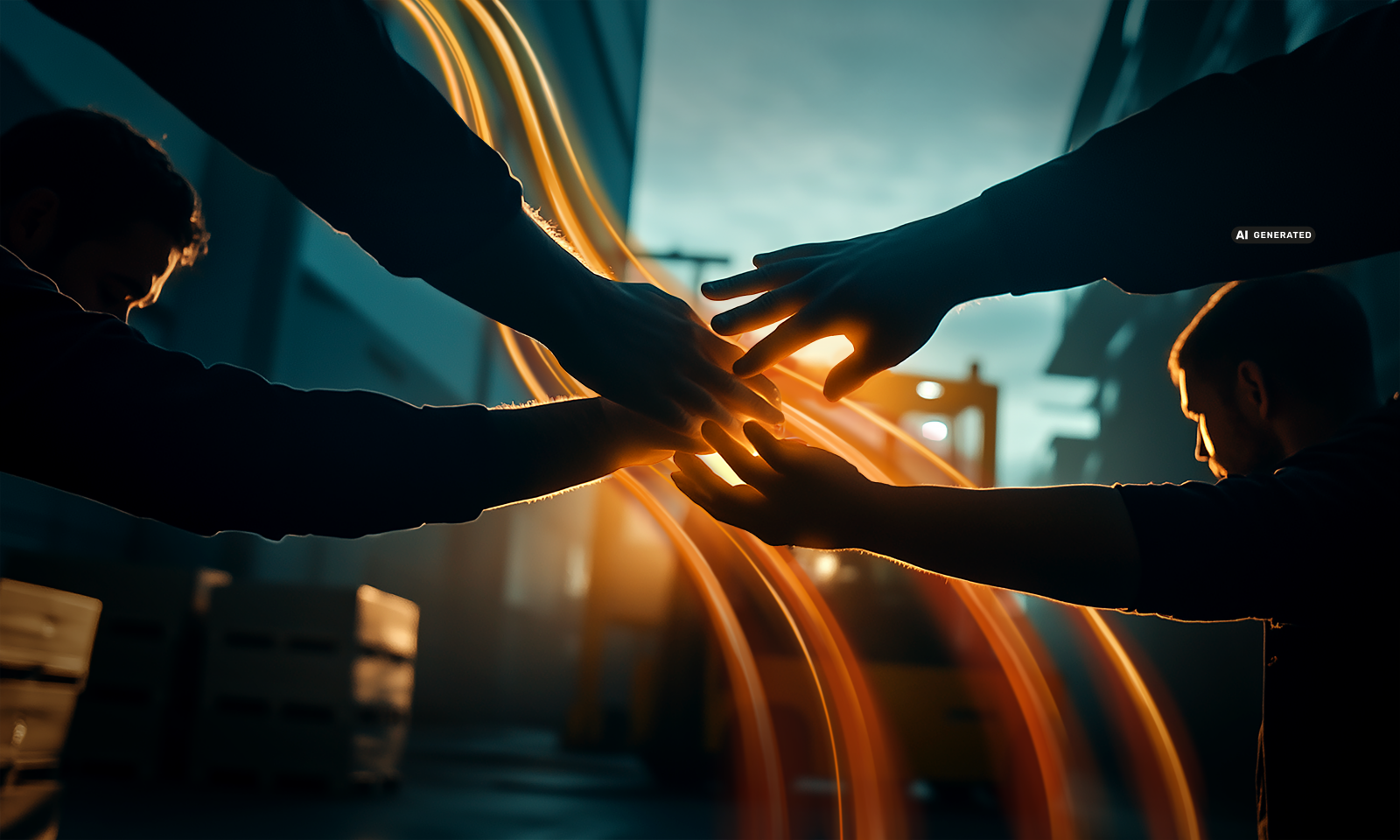 Mehrere Personen legen ihre Hände zusammen, umgeben von orangefarbenen Lichtspuren in industrieller Umgebung.