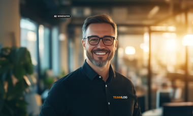 KI generierter lächelnder TEAMLOG Mitarbeiter mit Brille in einem hellen Arbeitsbereich.