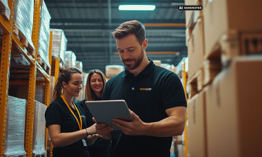 KI generierter TEAMLOG Mitarbeiter prüft mit zwei Kolleginnen Daten auf einem Tablet zwischen Lagerregalen.