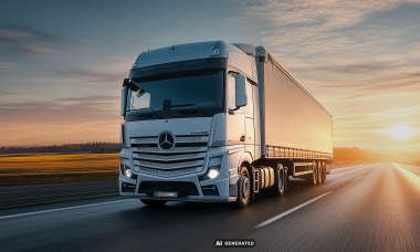 KI generierter Lastwagen fährt bei Sonnenuntergang auf einer Landstraße.