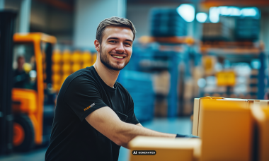 KI generierter, lächelnder TEAMLOG Mitarbeiter steht bei Kartons vor einem Stapler im Lager.