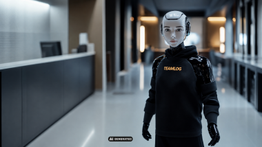 KI generierter Humanoider Roboter im TEAMLOG Pullover steht in einem modernen Empfangsbereich.
