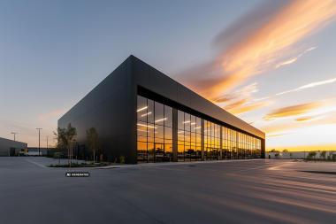 KI generiertes, modernes Logistikzentrum mit Glasfassade bei Sonnenuntergang.