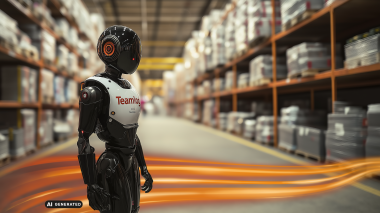 KI generierter Humanoider Roboter steht zwischen Lagerregalen, umgeben von orangefarbenen Lichtspuren.