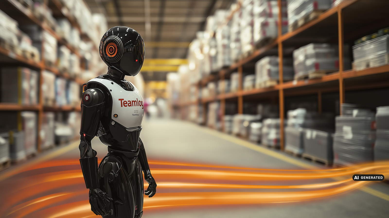 KI generierter Humanoider Roboter steht zwischen Lagerregalen, umgeben von orangefarbenen Lichtspuren.